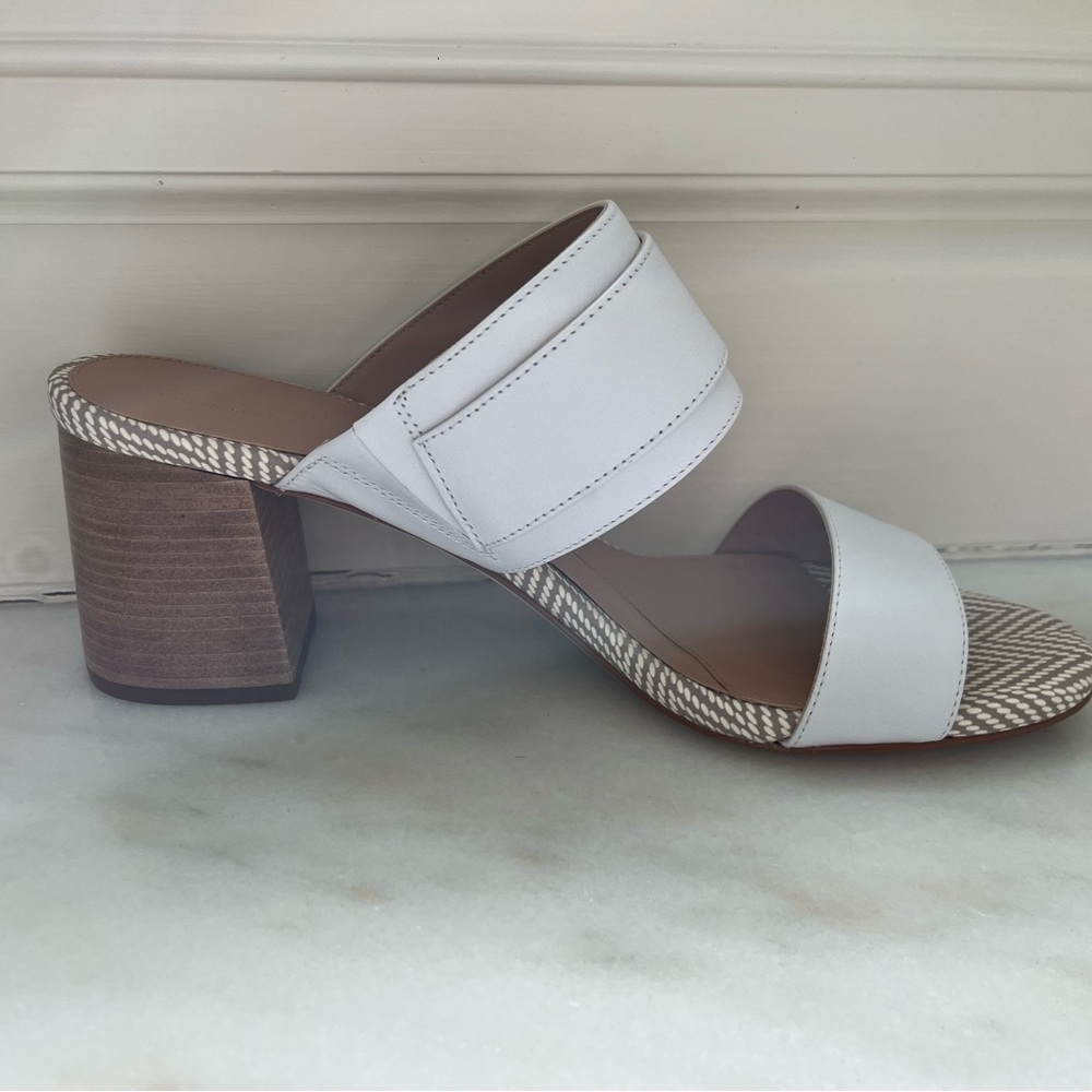 Cole Haan Size 9 Stacked Block Heel Slides White Woven Matte Gold Buckle NWB - Picture 6 of 9
